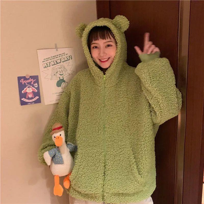 Felpa con cappuccio da donna Harajuku Kawaii con cerniera Felpa da donna Rana giapponese Spessa cappotti di lana d'agnello oversize Tendenza abiti invernali caldi