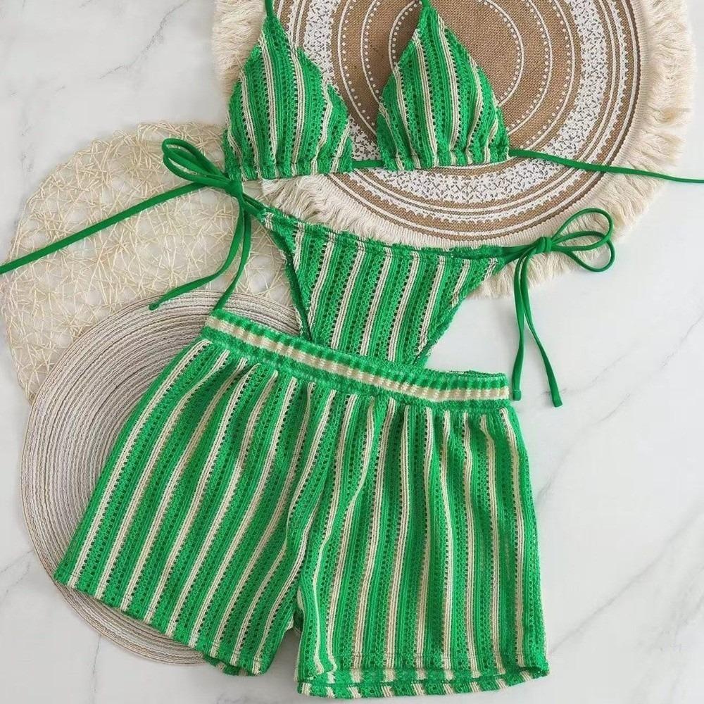 Stripes 3 in 1 Swimwear Set Lace Up Knitting Swimsuit Casual Bikini Bathing Suit  Beach