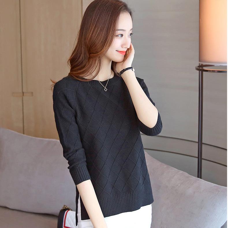 QICED Autumn and Winter Solid Color Crew Neck Pullover Sweater Women's Base Shirt Loose Small Fresh Sweater Long Sleeve Woman