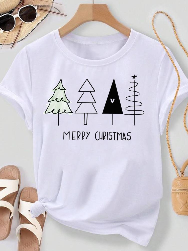 (Asian Size) Lovely Watercolor Cute Merry Christmas New Year Women's Top T Tee Festival O-neck Clothing Print Fashion Ladies Graphic T-shirts