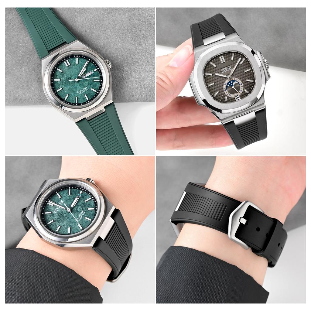Fluoro Rubber Strap Fit for Citizen Promaster Titanium AW0130-85X  Patek Philippe Nautilus Watch with Titanium Buckle