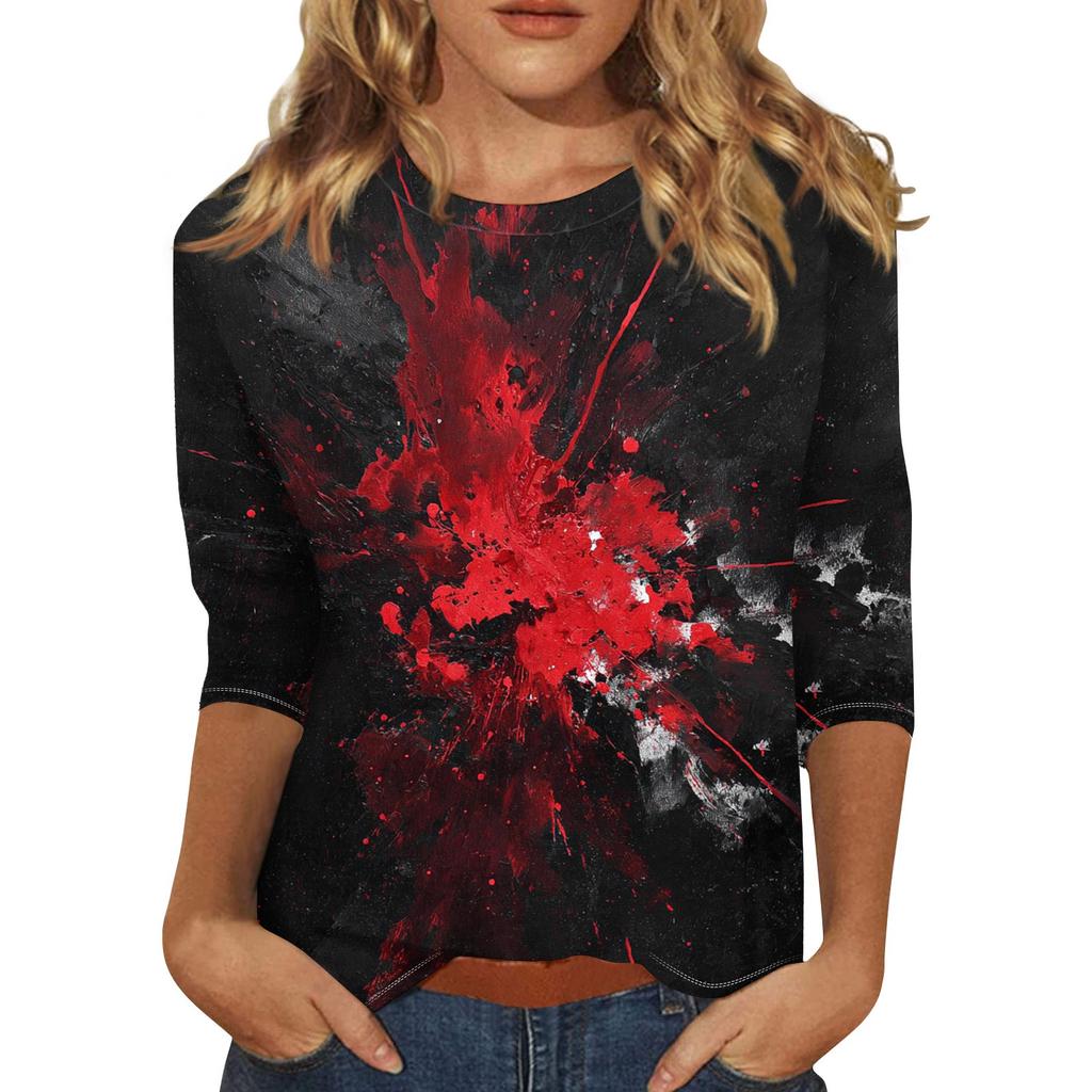 Women's Fashion Casual Round Neck 3/4 Sleeve Loose  Printed T-Shirt Ladies Top