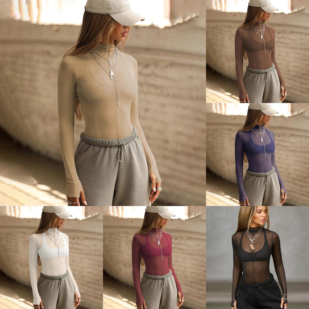 Long Sleeve Mesh Top With Semi High Neck For Streetwear And Party Wear