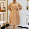Damen Elegantes Einfarbiges Hohe Taille Langarm V-Ausschnitt A-Linie Midi-Kleid