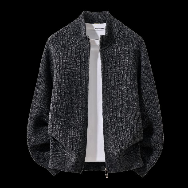ROMON Men's 100% Pure Wool Stand-Collar Zipper Cardigan