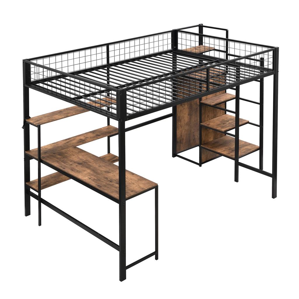 Hochbett 140x200 Schreibtisch Kleiderschrank Regale Metallbettgestell Lattenrost Kinder/Erwachsene(ohne Matratze)