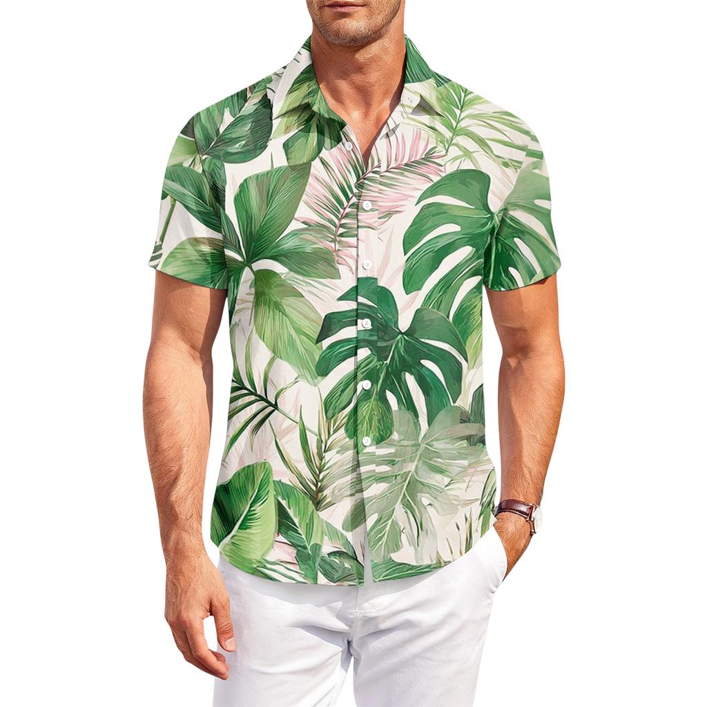 Men's Casual, Loose-Fit Short-Sleeve Shirt With Hawaiian Print