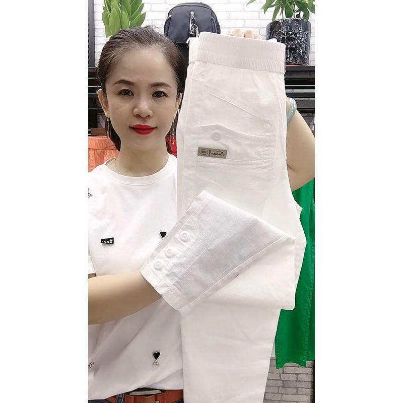 

European Goods Cotton and Linen Korean Style Slim Looking Ankle Tight High Waist Casual Pants White M(42.50 kg-50.00 kg)