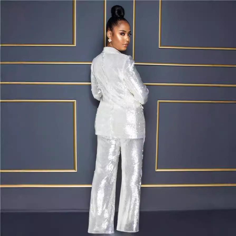 European & American Style Women's V-Neck Sequin Jumpsuit Set - Long-Sleeved, Two-Piece