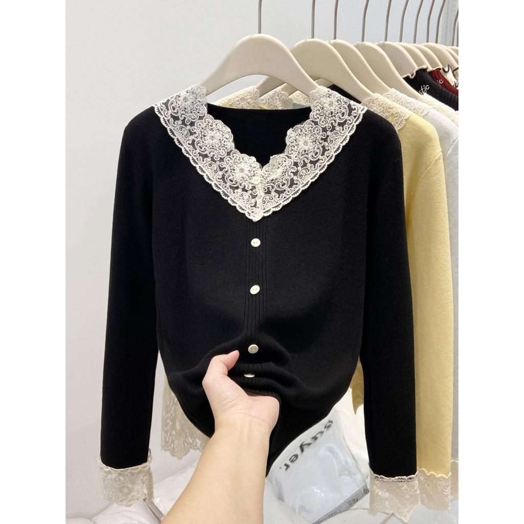 Milk Blue Collar Lace Splicing Knitted Top Women's Spring Sweet Age-reducing Inner Bottoming Sweater