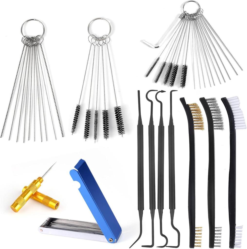 15-Piece Carburetor Jet Cleaning Brush Set with Spray Gun Nozzle Cleaners - Stainless Steel Needles & Nylon Brushes