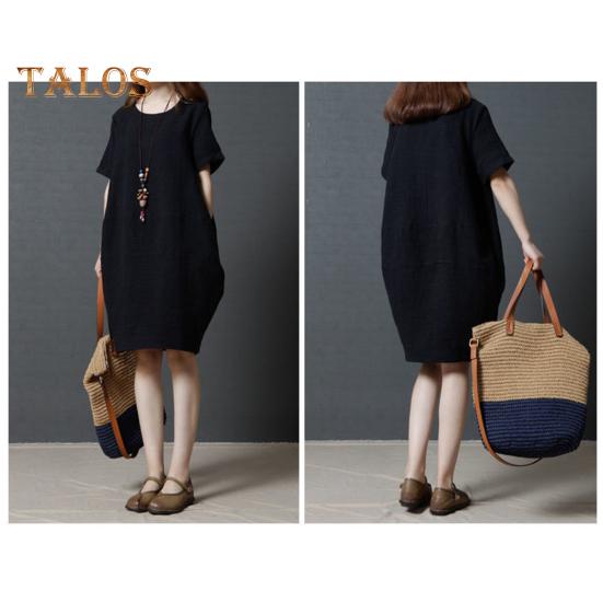 Lady Summer Dress O Neck Short Sleeves Pure Color Loose Side Pockets Knee Length Pullover Casual Commute Midi Dress