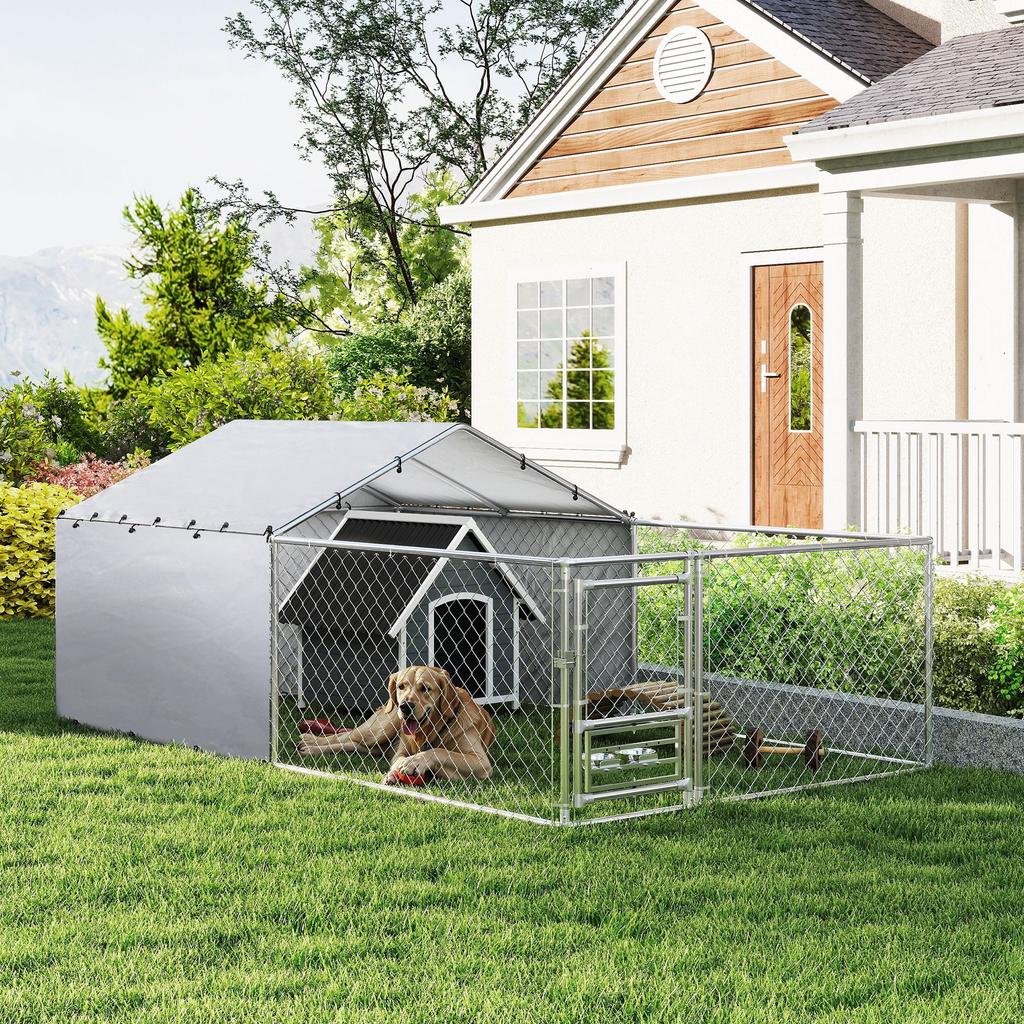 Dog Enclosure with Covers and Swivel Bowls, In Steel and Oxford Fabric, 4x2.3x1.5 M, Silver