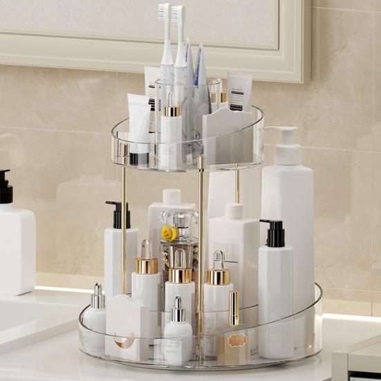 Makeup Perfume Cosmetic Organizer Skincare Rotating Vanity Separated Compartments 2 Tier Spinning Display