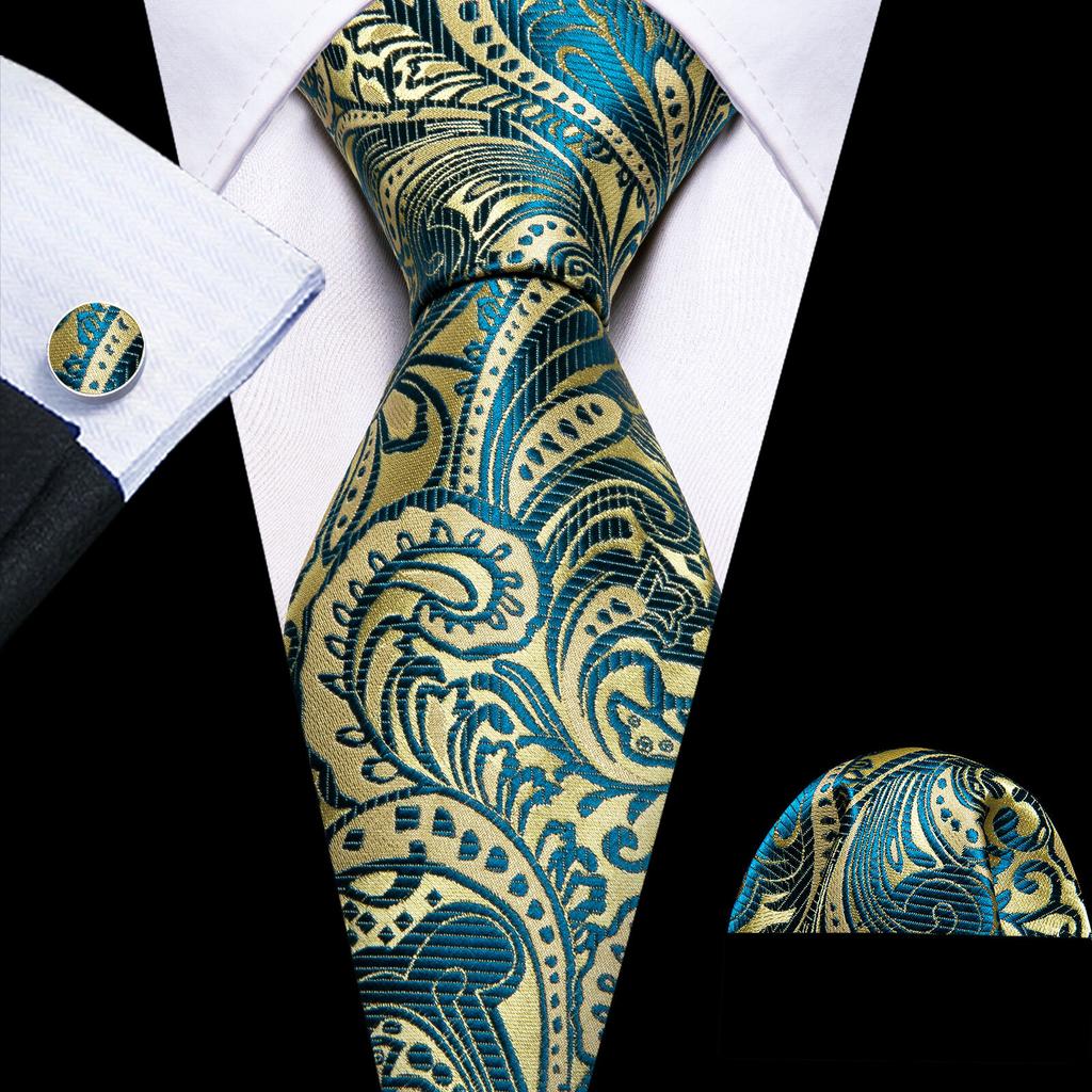 Barry.Wang Floral Ties for Men Woven Paisley Wedding Necktie Handkerchief Cufflinks Formal Casual Set