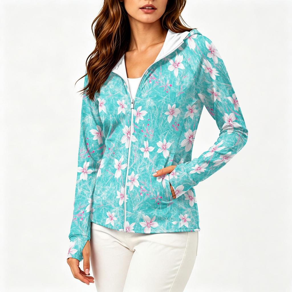 Women's Lightweight Hooded Sun Protection Jacket Full Zip Long Sleeve with Pockets Floral Print Casual Outdoor Lightweight Cover Up