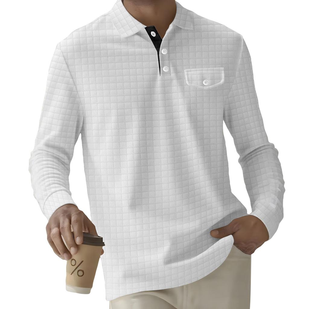 Men's Solid Color Plaid Button Lapel Pocket Long Sleeve Top Men's Casual Fashion Long Sleeve Top