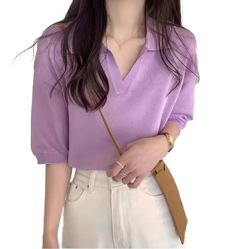 

Женский топ с однотонным лацканом и короткими рукавами, трикотажные топы One Size