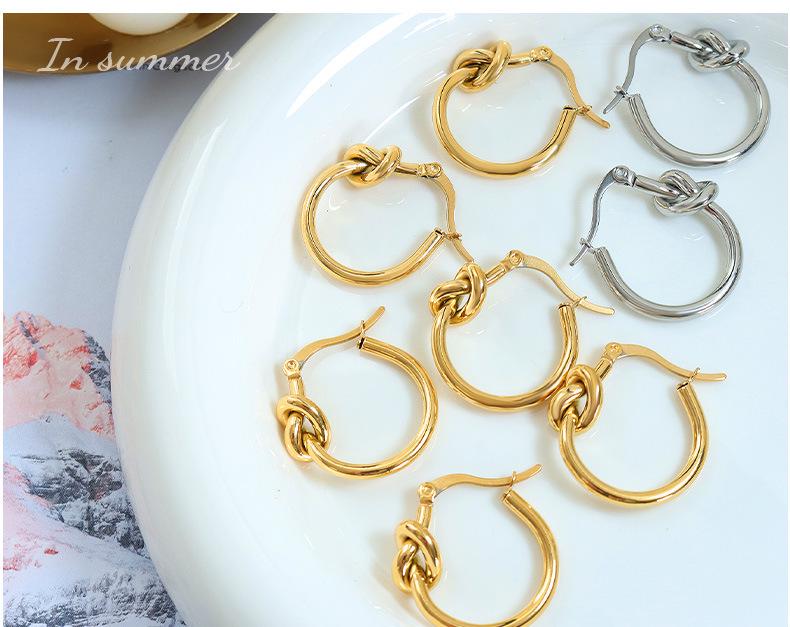 Hong Kong Style 18K Gold-Plated Titanium Slimming Knotted Hoop Earrings for Women