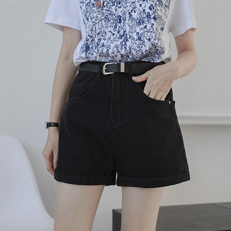 

Узкие модные и универсальные закатанные джинсовые шорты женские летние тонкие секции с высокой талией повседневные свободные универсальные внешние широкие брюки женские 2XL чёрный