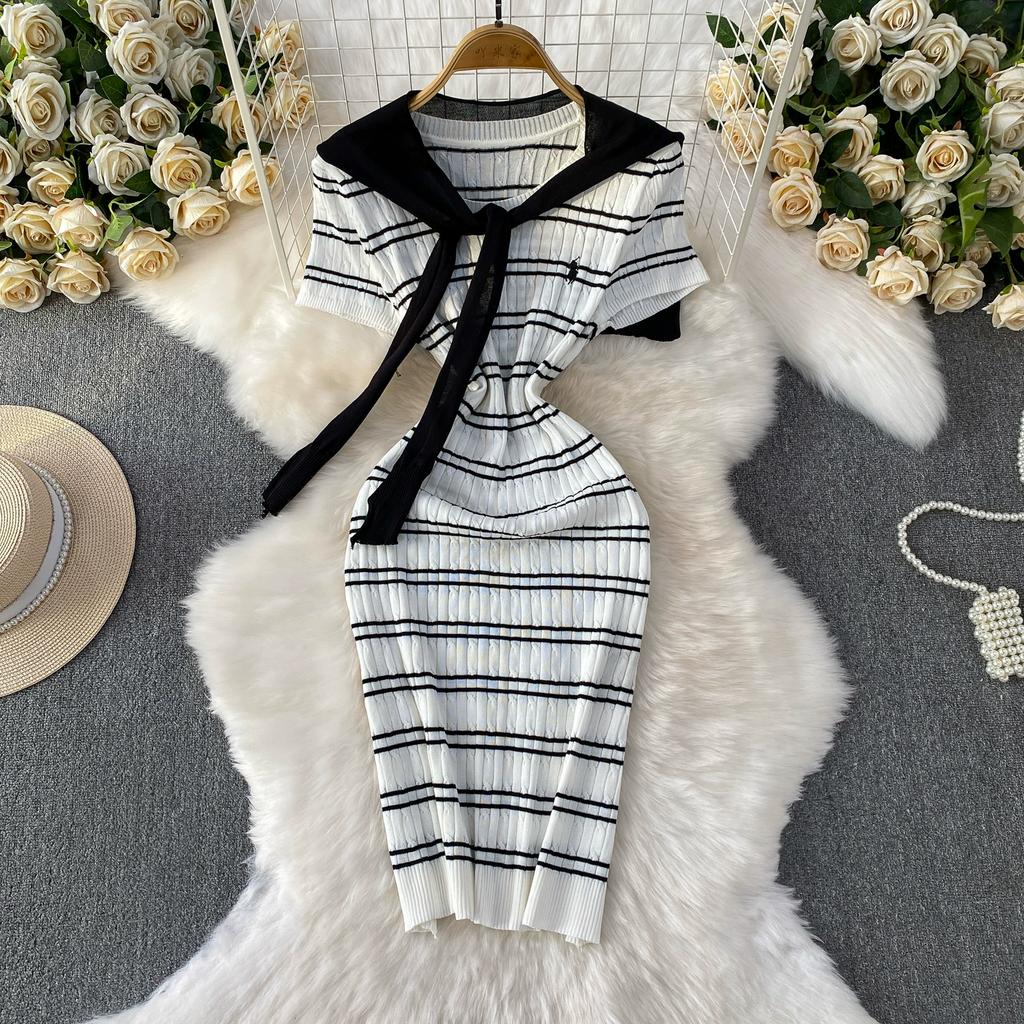 Sommer Damen Casual Kurzarm Gestreifter Strickpullover Mini Etuikleider mit Schal