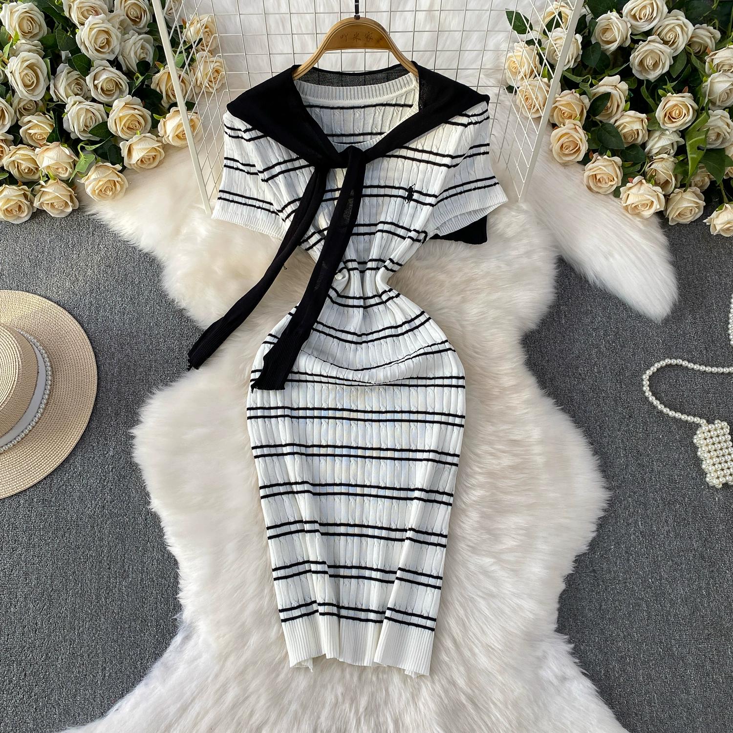 

Літній жіночий повсякденний светр з коротким рукавом у смужку, в язаний, міні-плаття-футляр з шаллю One Size