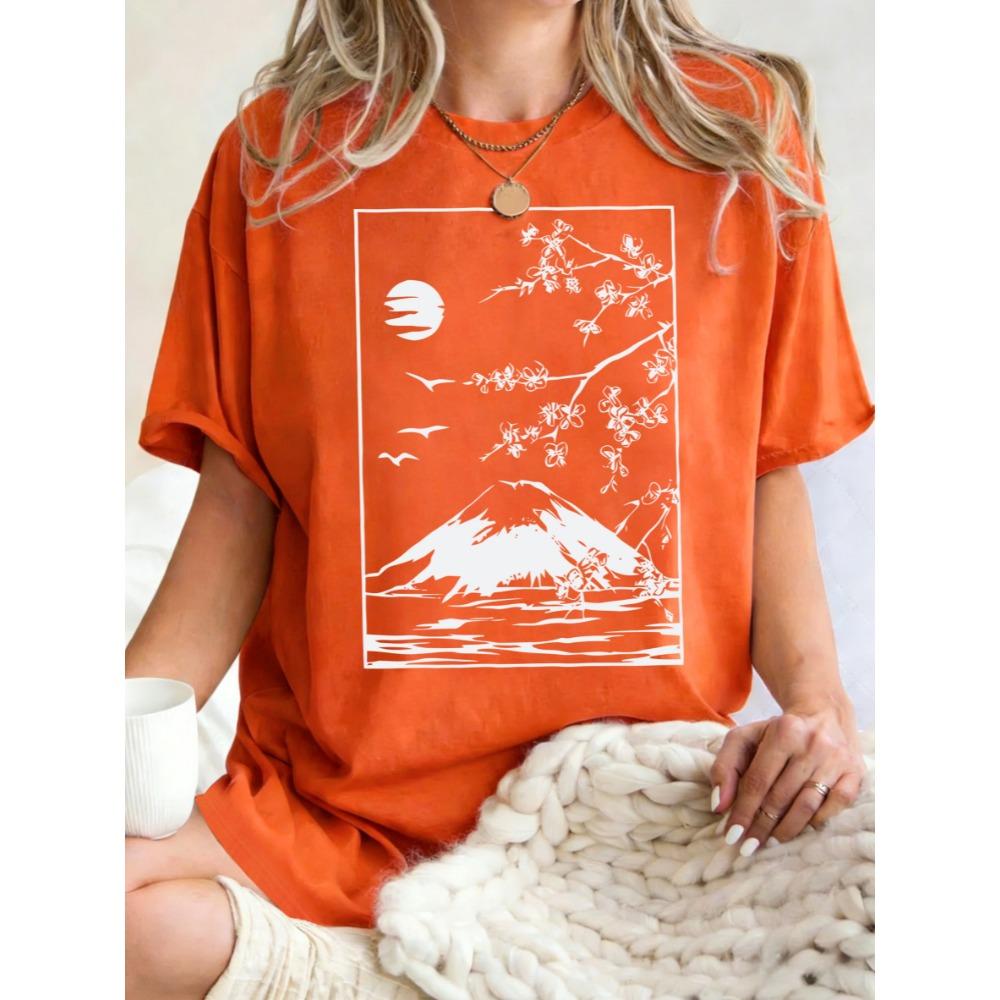 Cherry Blossoms In Mount Fuji Print Women T Shirts Summer Hip Hop Short Sleeve Cotton Y2K Oversized Clothes T-Shirt