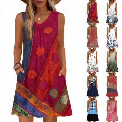 Top de vară fără mâneci cu imprimeu pentru femei, decolteu în V, cu buzunar, rochie casual largă