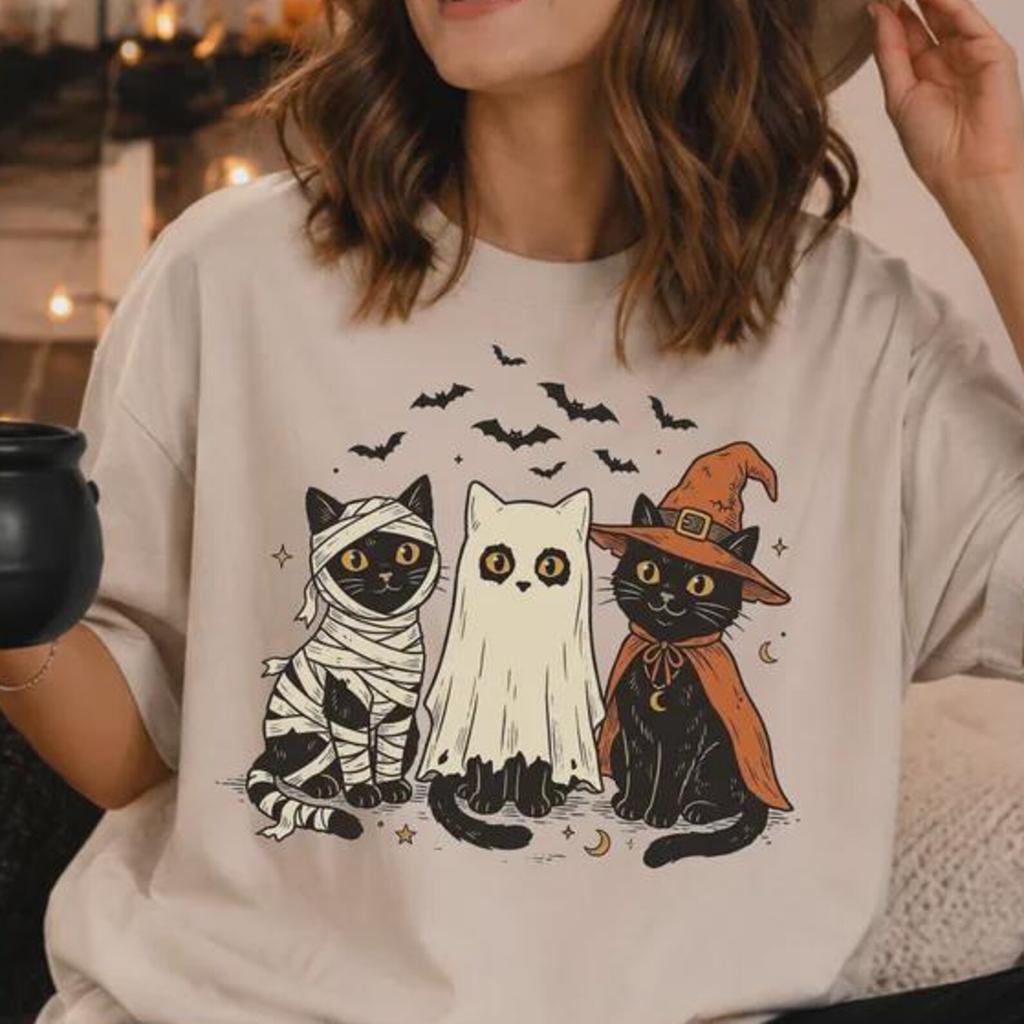 Comfort Colors® Halloween Shirt, Cute Scary Cat Shirt, Vintage Witch Cats Tee, Cute Halloween Cat Shirt, Funny Cat Lover Gift