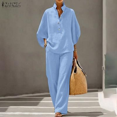 Women 3/4 Sleeve Blouse and Long Pants Casual Two Piece Suit Sets