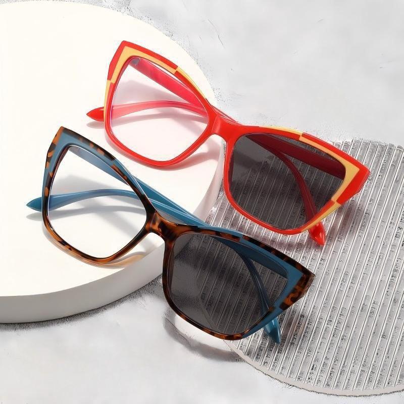 Color-Blocked Oversized Photochromic Myopia Glasses Women's INS Style Fashion Cat-Eye Blue Light Blocking Minus Diopter Eyewear
