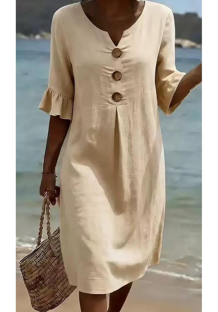 Abito Europeo in Cotone e Lino con Scollo a V, Bottone Grande e Maniche Arricciate per Donna - Collezione Primavera/Estate 2026