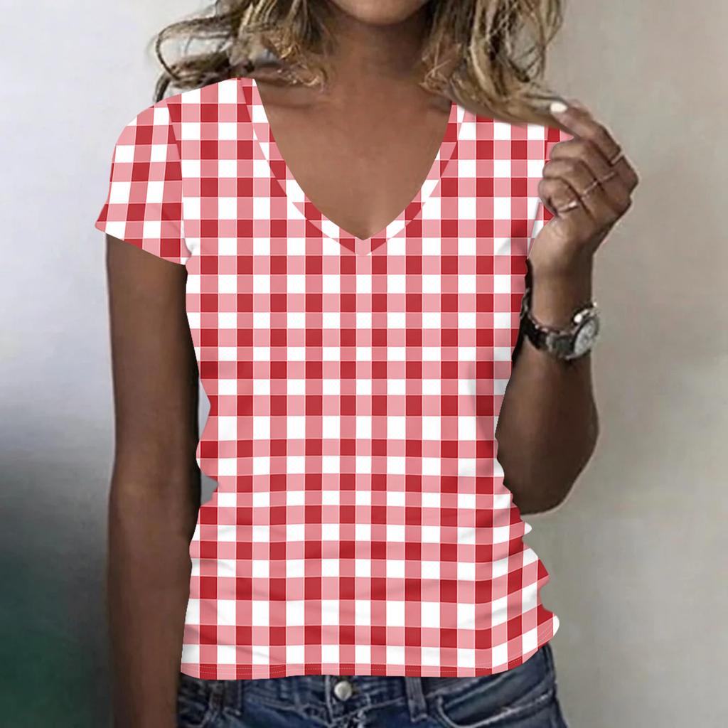 Women’s Fashionable Casual V-neck Short-sleeved Check Print Slim-fit Lightweight T-shirt Top