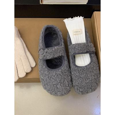 Chaussures Mary Jane moelleuses à un mot, chaussures d'hiver en velours chaudes à semelle unique, Birkenstocks grises à semelles épaisses