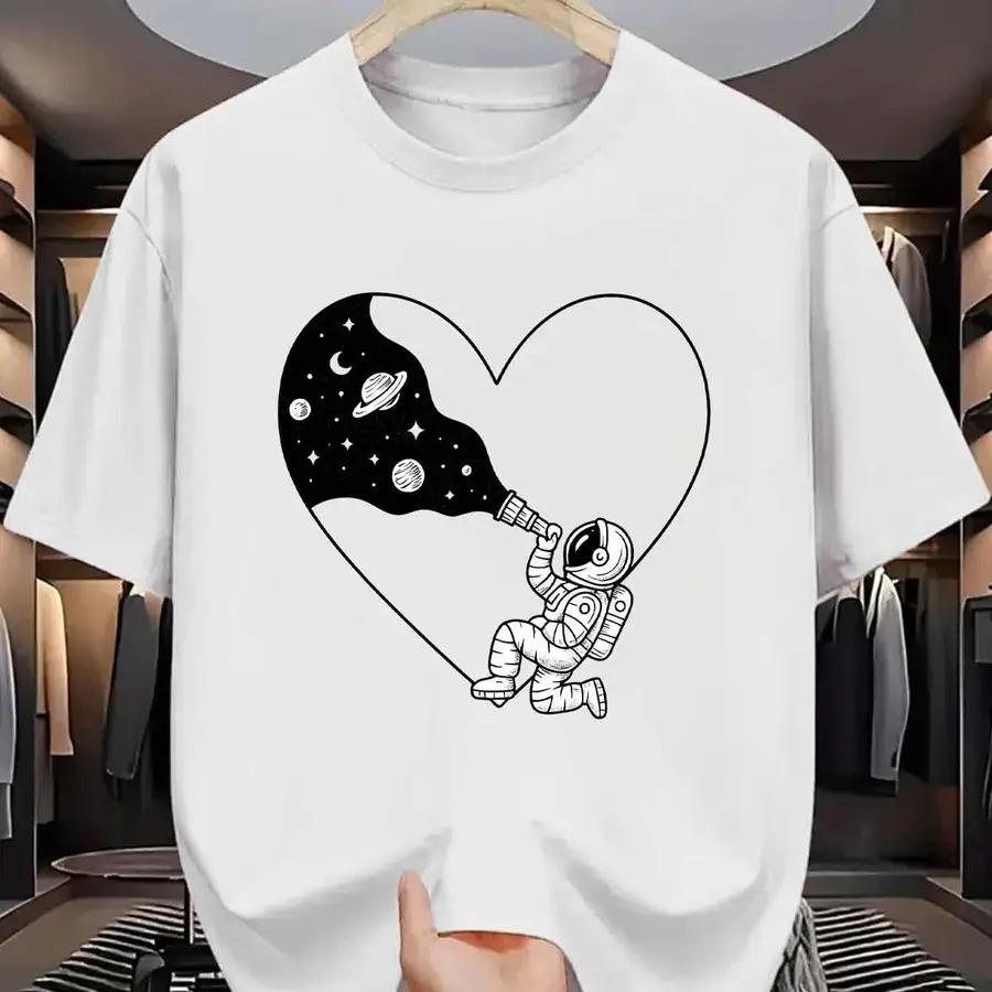 Loose Cotton Crew Neck Tshirt Simple Black Line Art Astronaut Heart Planet Graphic Summer Aesthetic Tee S