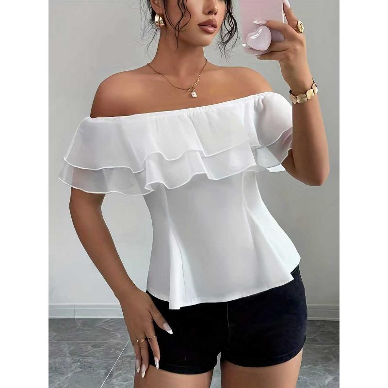 Summer New Style Fashionable One-shoulder Ruffled Chiffon Top with Frills - A Sexy Short-sleeved Top with Exposed Shoulders