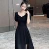 Korean Hepburn-Style Black Slit Dress: Slimming, Waist-Cinching, Comfortable, Sexy for Commuting