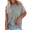 Women Summer Solid Color O-neck Off Shoulder Short Sleeves T-shirt with Pocket