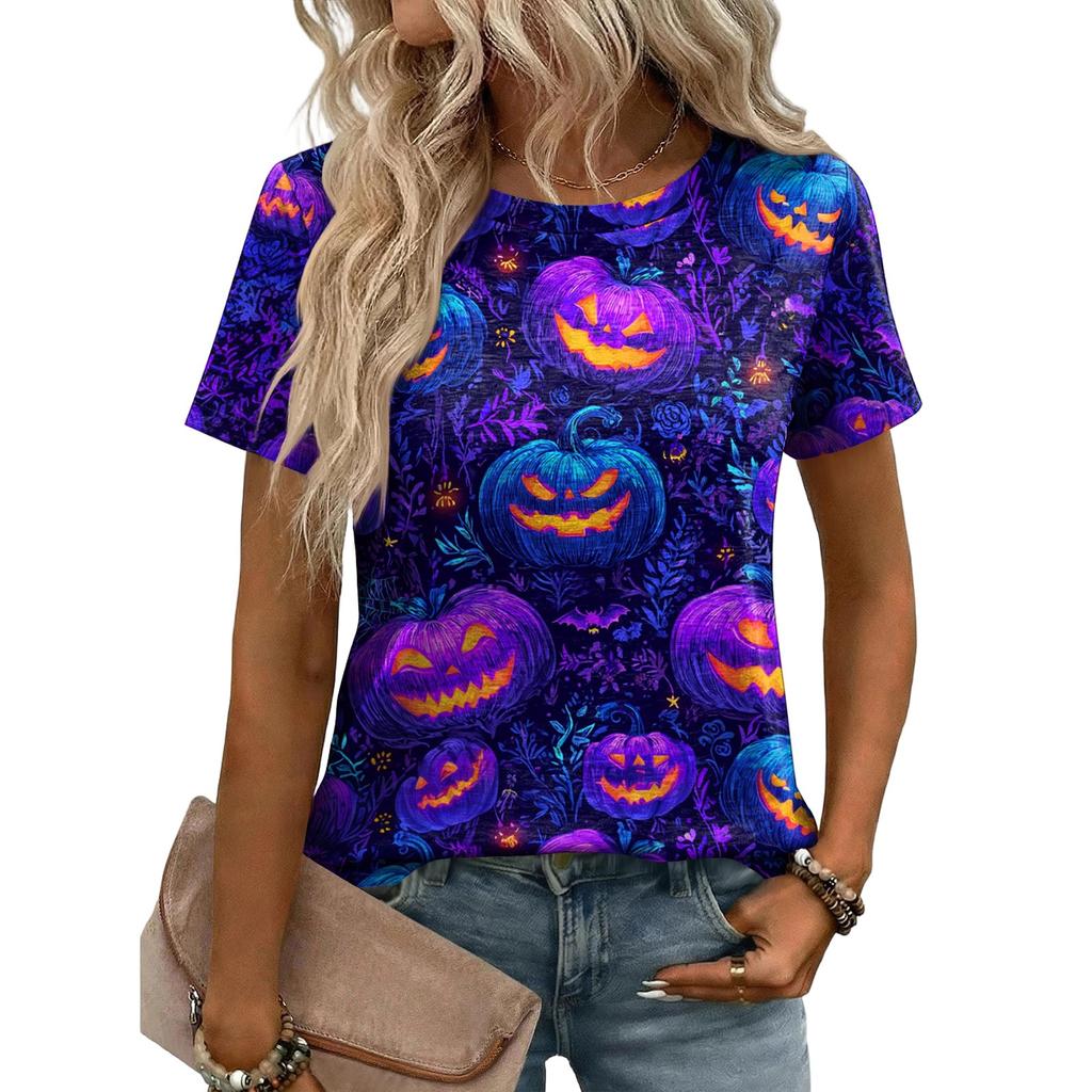 Women Casual Loose Fit Short Sleeve T Shirt Halloween Pumpkin Pattern Print Crew Neck Top Lightweight Soft Fabric
