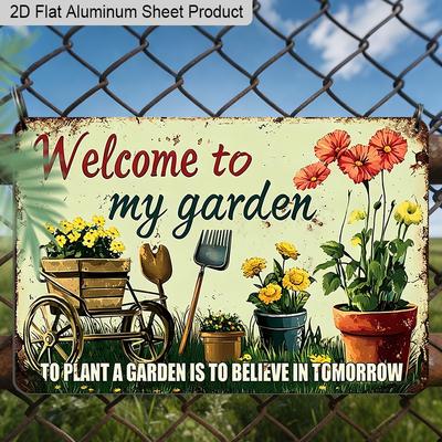 2D Flat, 1pc Welcome To My Garden Vintage Floral Aluminum Sign, 12"×8" - Flower Wheelbarrow Gardening Tools Plaque - Aluminium Wall Hanging for Yard