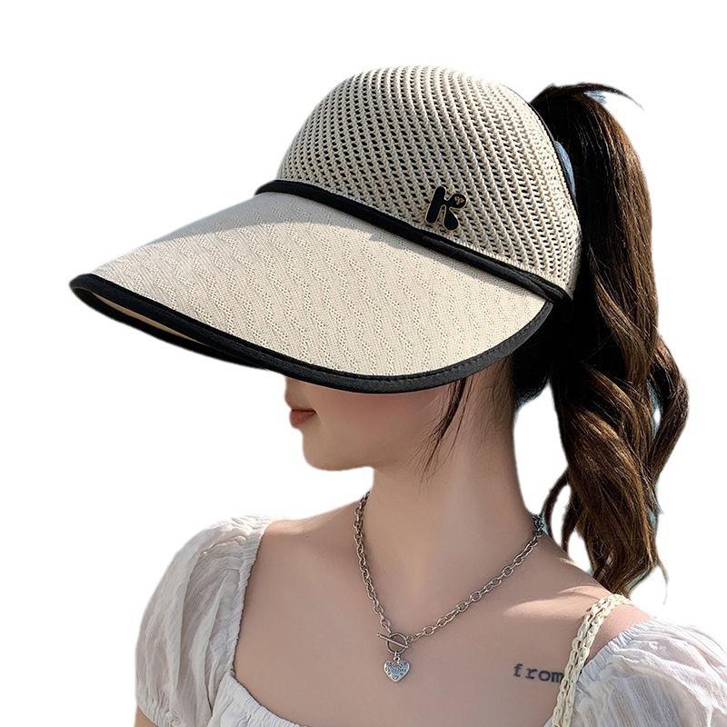 Women's Breathable Wide Brim Sun Hat with UV Protection, Open Top, Ponytail Tie, Mesh Design for Summer Cycling