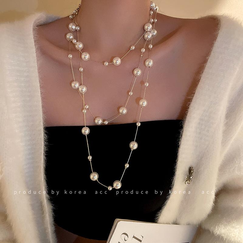 Super fairy long pearl necklace, trendy temperament, court style collarbone chain, exquisite and gentle sweater chain