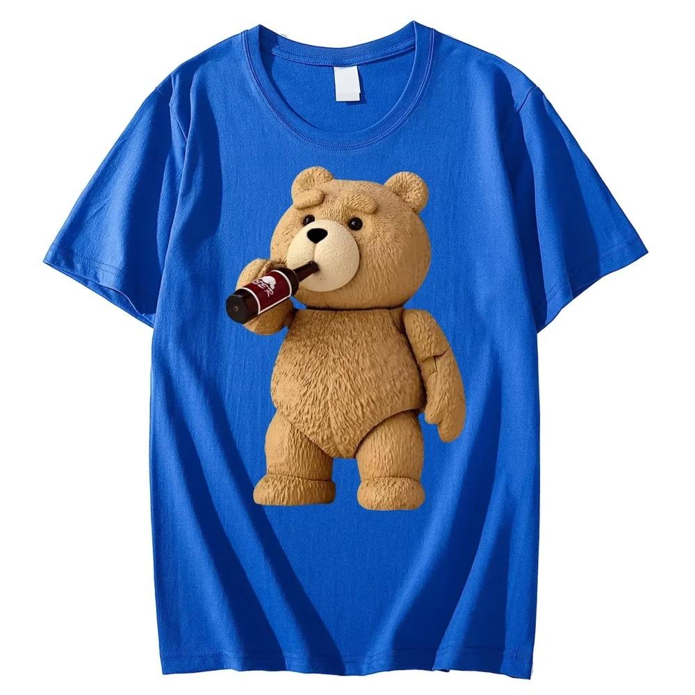 Men's Print Cute Teddy Bear Drinking Beer Poster T-Shirt Summer Oversized Men Short Sleeve Top Women Cotton T Shirt Streetwea