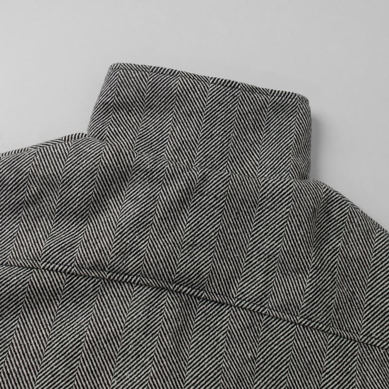 Women Loose Stand Collar Zipper Pocket Herringbone Long Sleeve Jacket Coat
