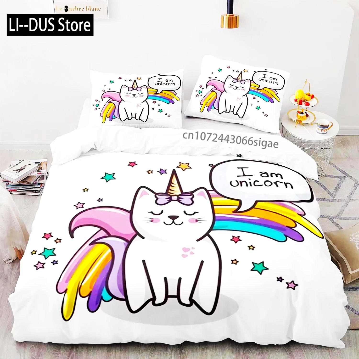 

Rainbow Cat Bedding Set Single Twin Full Queen King Size Kawaii Girl Bed Set Aldult Boys Bedroom Duvetcover Sets 3D Print 013 EU Single(135*200cm)3pcs