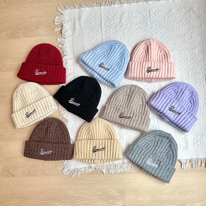 Letter Embroidered Knitted Hat Autumn and Winter Warm Solid Color Woolen Hat Big Head Circumference Showing Face Small Woolen Hat