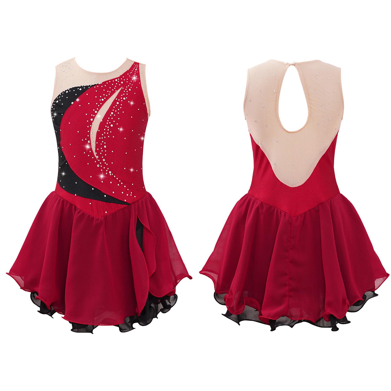 IEFiEL Kinderen Meisjes Ijs Kunstschaatsen Jurk Mouwloos Strass Competitie Kostuums Ballet Dans Tutu Rok 11-12 Years bordeaux