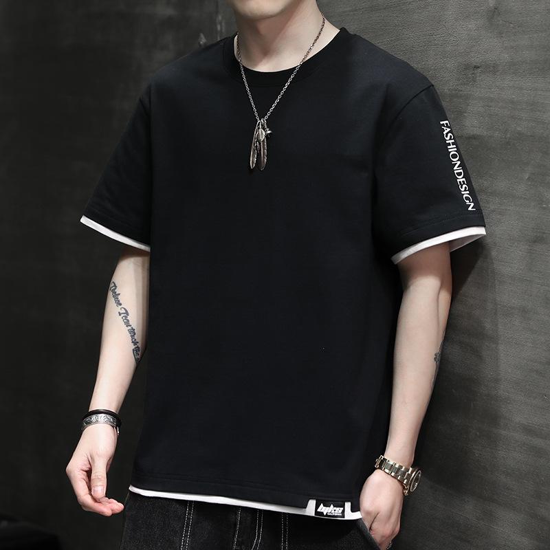 

Men s Trendy Hong Kong Style Short-Sleeve Round Neck T-Shirt, Versatile Summer Top, Five-Quarter Sleeve, Available in Large Sizes. M чёрный
