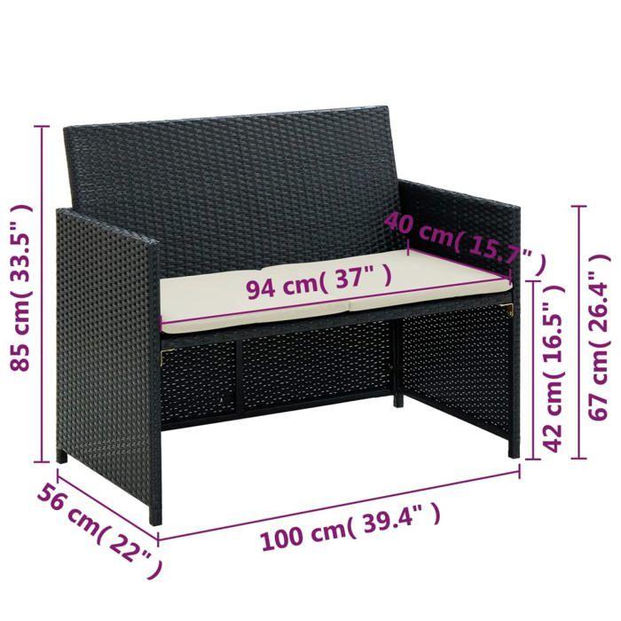 VidaXL Canapé de jardin à 2 places avec coussins Noir Résine tressée