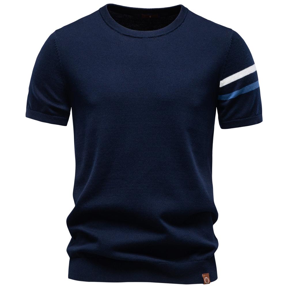 AIOPESON Herren T-Shirt 100% Baumwolle Gestreifte Ärmel Rundhals Smart Casual Old Money Basic T-Shirt Atmungsaktives Sommer Strickoberteil
